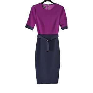 Ted Baker Dress Womens Small Purple Navy Colorblock Belted Sheath Midi Work